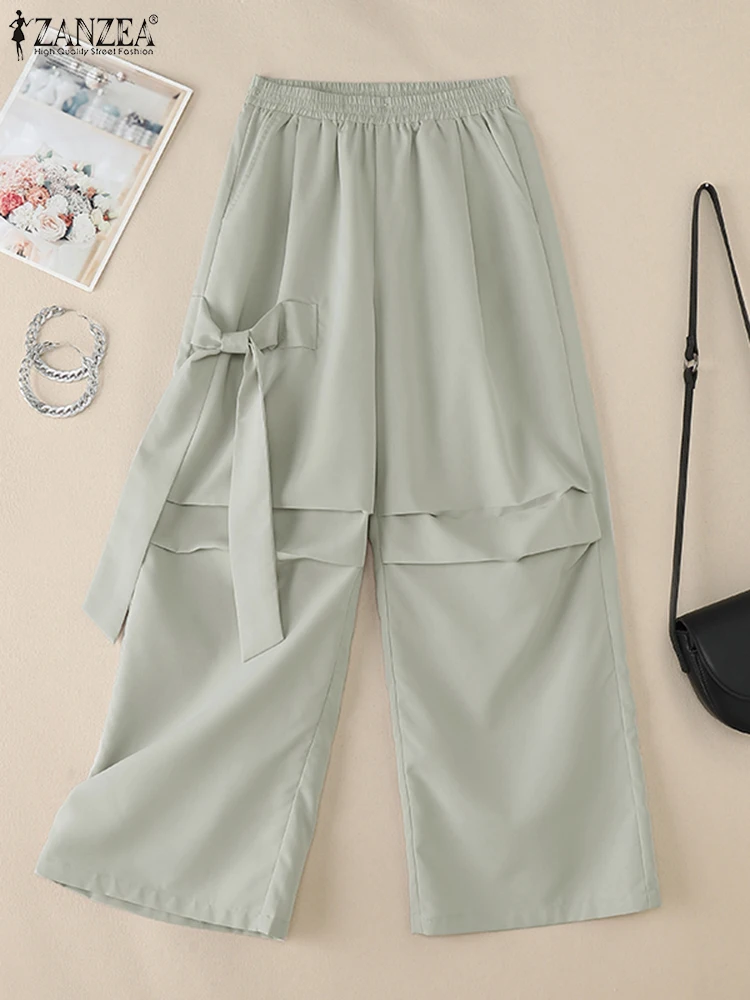 ZANZEA 2025 Spring Solid Pantalon Streetwear Elastic Waist Bowknot Detail Pleated Trousers Casual Loose Women Wide Leg Pants