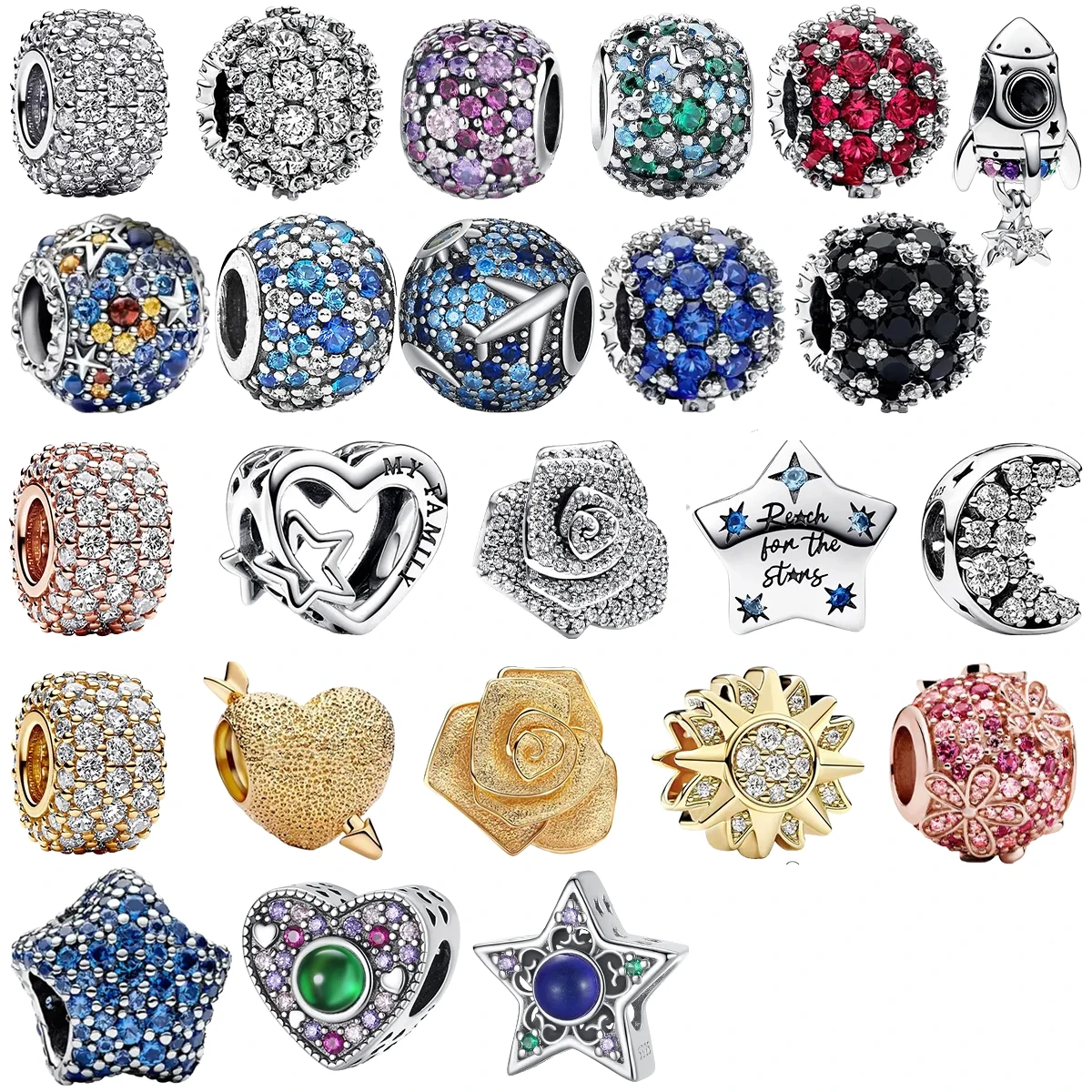 الأصلي 925 فضة تألق القلب كامل الماس جولة روز سحر الخرز ل قلادة سوار ذاتي الصنع المجوهرات الحاضر