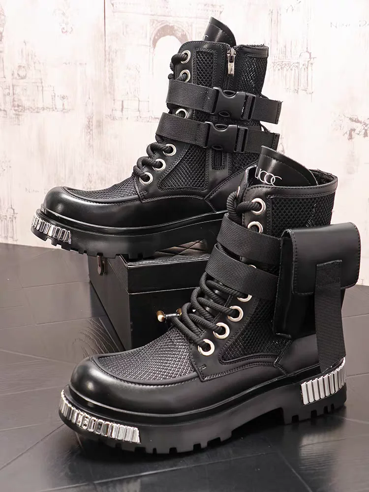

2025 New Men's Thin High-Top New Mid-Calf Motorcycle Height Increasing Insole Summer Ankle Boots Hollow out