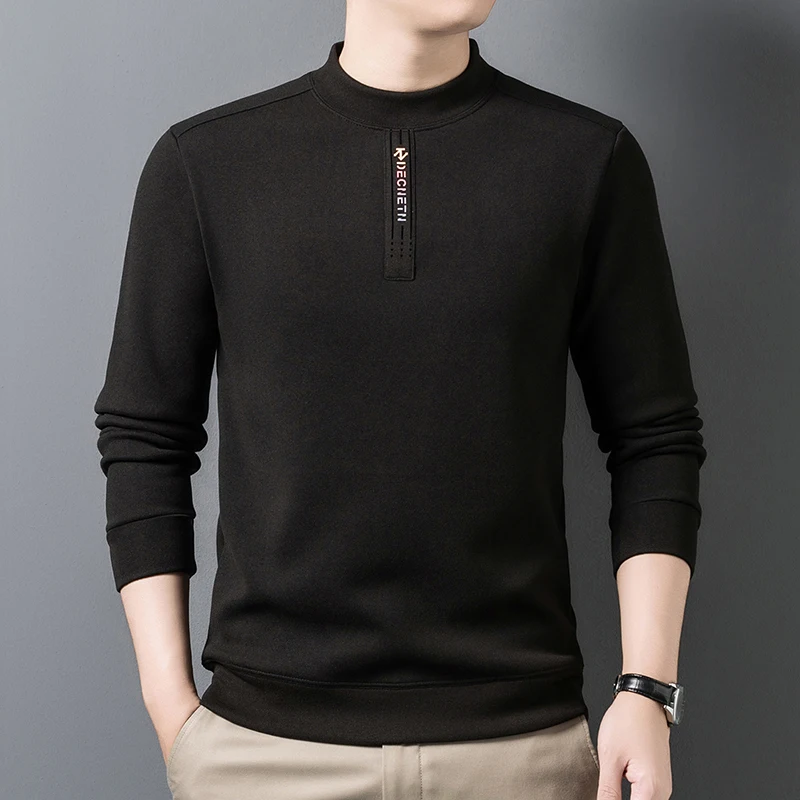 

Long-sleeved Men's Autumn and Winter Fleece and Thickened Sweater, Pure Color, Close-fitting, Warm Base Shirt, Fashionable