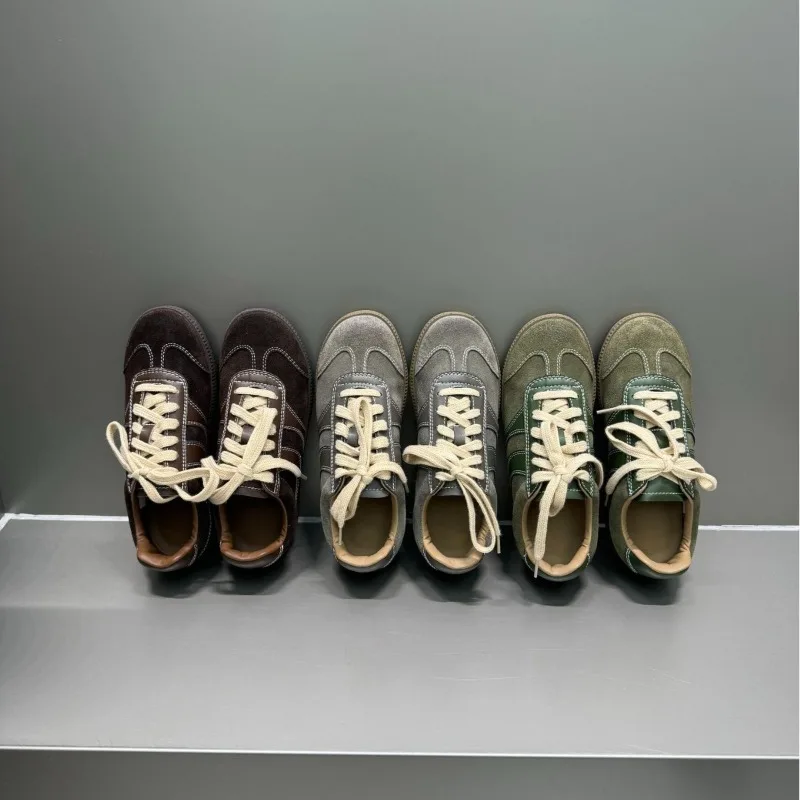 

Винтажная кожаная универсальная немецкая тренировочная обувь на плоской подошве со шнуровкой, новые женские повседневные американские кроссовки