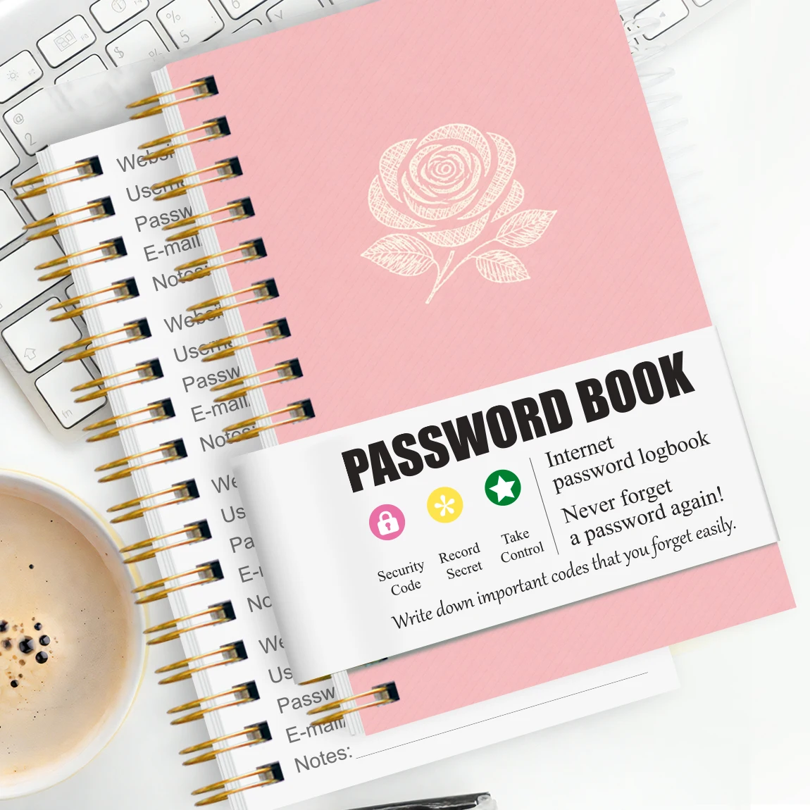 1PC Pink Rose Password Keeper Book, Spiral Password Logbook with Address, Birthday & Notes Pages