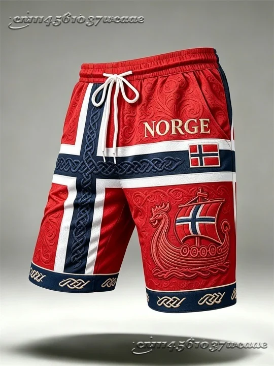Unisex 2026 New Hot Sale Universal Casual Shorts Norway Flag Viking Ship Retro Totem Breathable Beach Shorts Loose Sports Shorts
