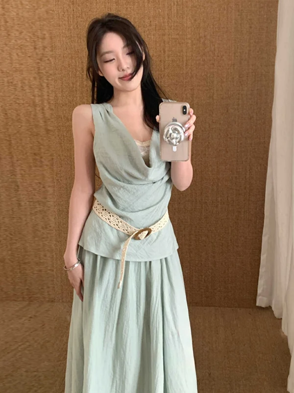 

Летний женский повседневный комплект 2025: топ с V-образным вырезом и юбка, элегантный наряд с рукавом до локтя, длинные брюки, модный комплект из двух предметов