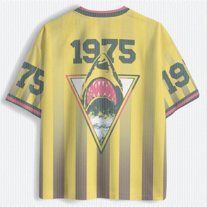 V Neck Yellow Vertical Stripe Mesh Jersey T Shirt Triangle Shark Graphic Number Print Front Back Sleeve Retro Streetwear Top image 3