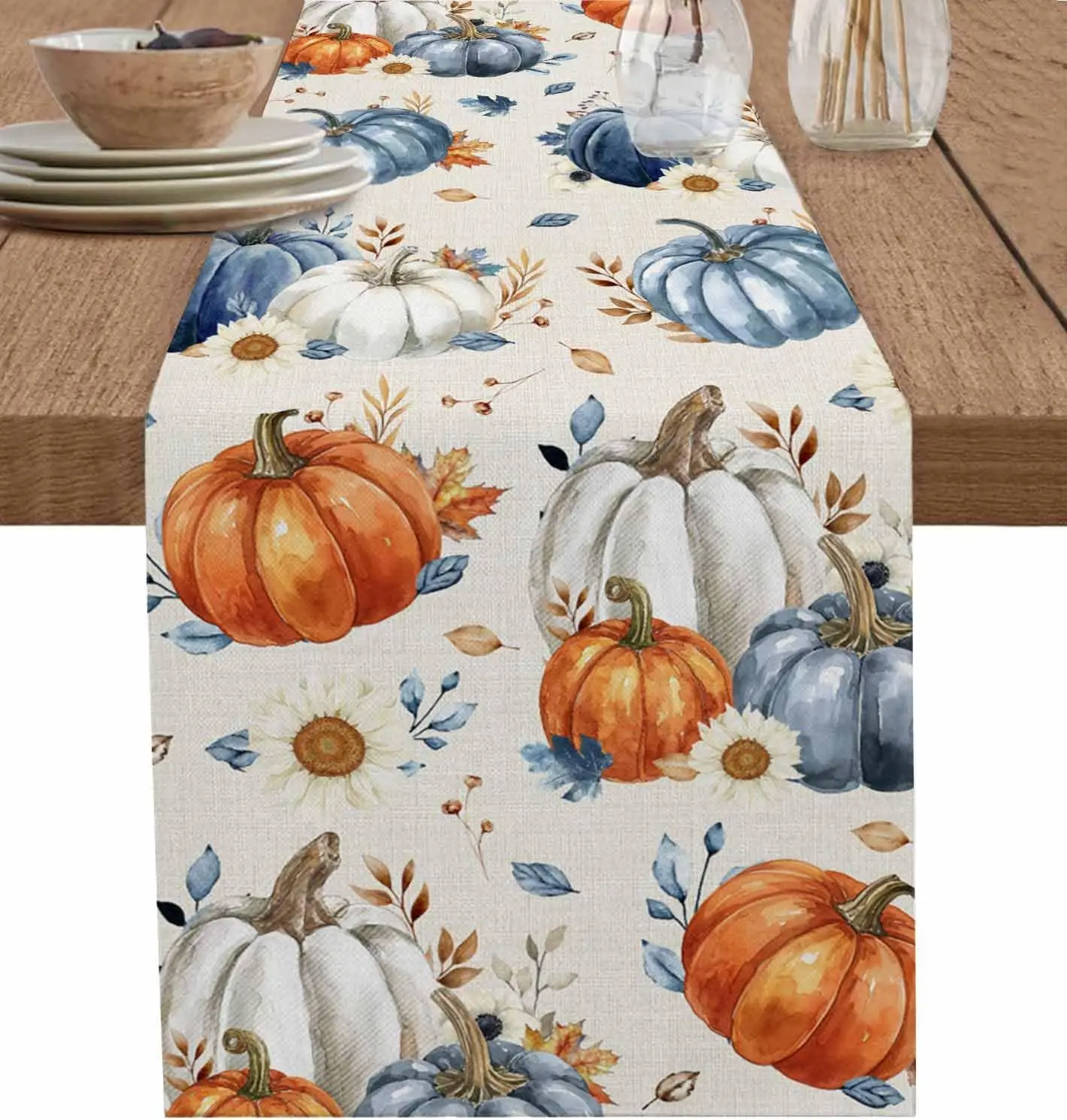 Blue Orange Gray Pumpkins Fall Linen Table Runner Autumn Floral Dresser Scarf for Kitchen Party Decor Thanksgiving Decorations