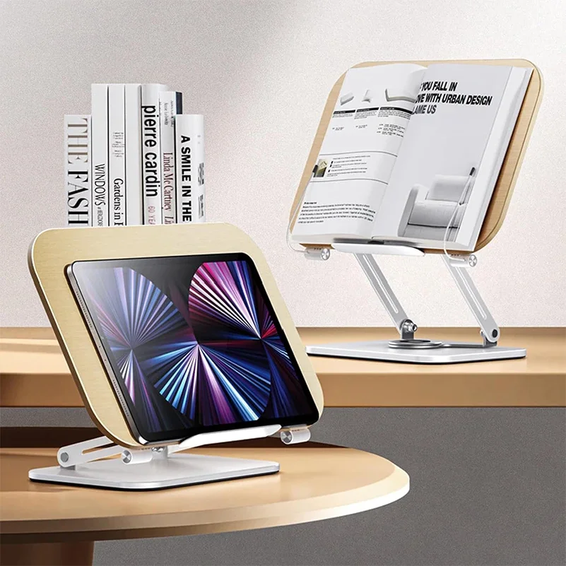 Desktop Book Stand for Reading with 360 Rotating Base Wooden Panel & Page Clips Foldable and Angle
