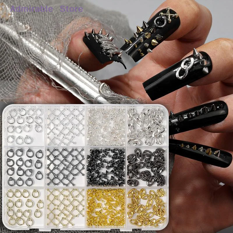 [W]12 Grids Alloy Nail Charms Punk Y2K Metal Parts Manicure Rivet Chain Nail Tip Decoration Retro Circle Nails Supply DIY Crafts