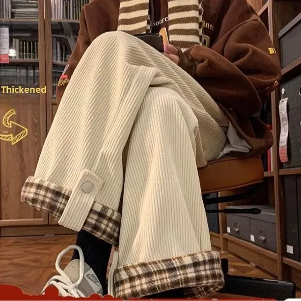

Thickened Corduroy Pants for Women Autumn Winter Fleece Lined Straight Leg Wide Leg Casual Long Trousers Sporty Fit