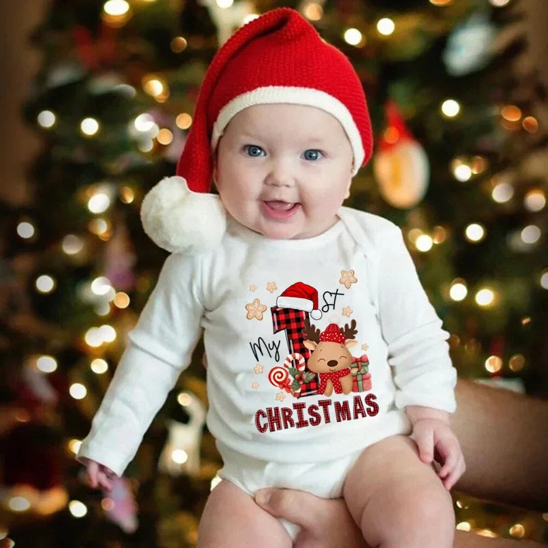 My 1st Christmas Baby Romper Long Sleeve Cartoon Reindeer Print Newborn Bodysuit Infant Boys Girls Xmas Jumpsuit Christmas Gift