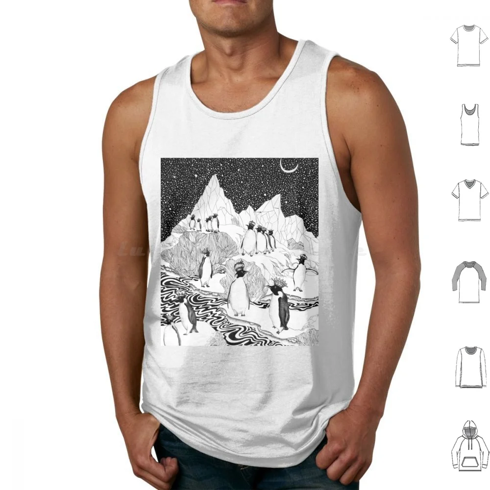Trozos reyes camisetas sin mangas estampado algodón pingüinos reyes pluma ártica arte pingüino dibujo invierno nieve Ecmazurart Ecmazur Art Pen