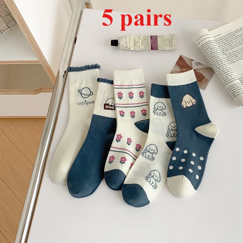

5 Pairs of New Pure Cotton Mid Tube Socks Cute Cartoon College Style Casual Simple and Comfortable Student Long Socks