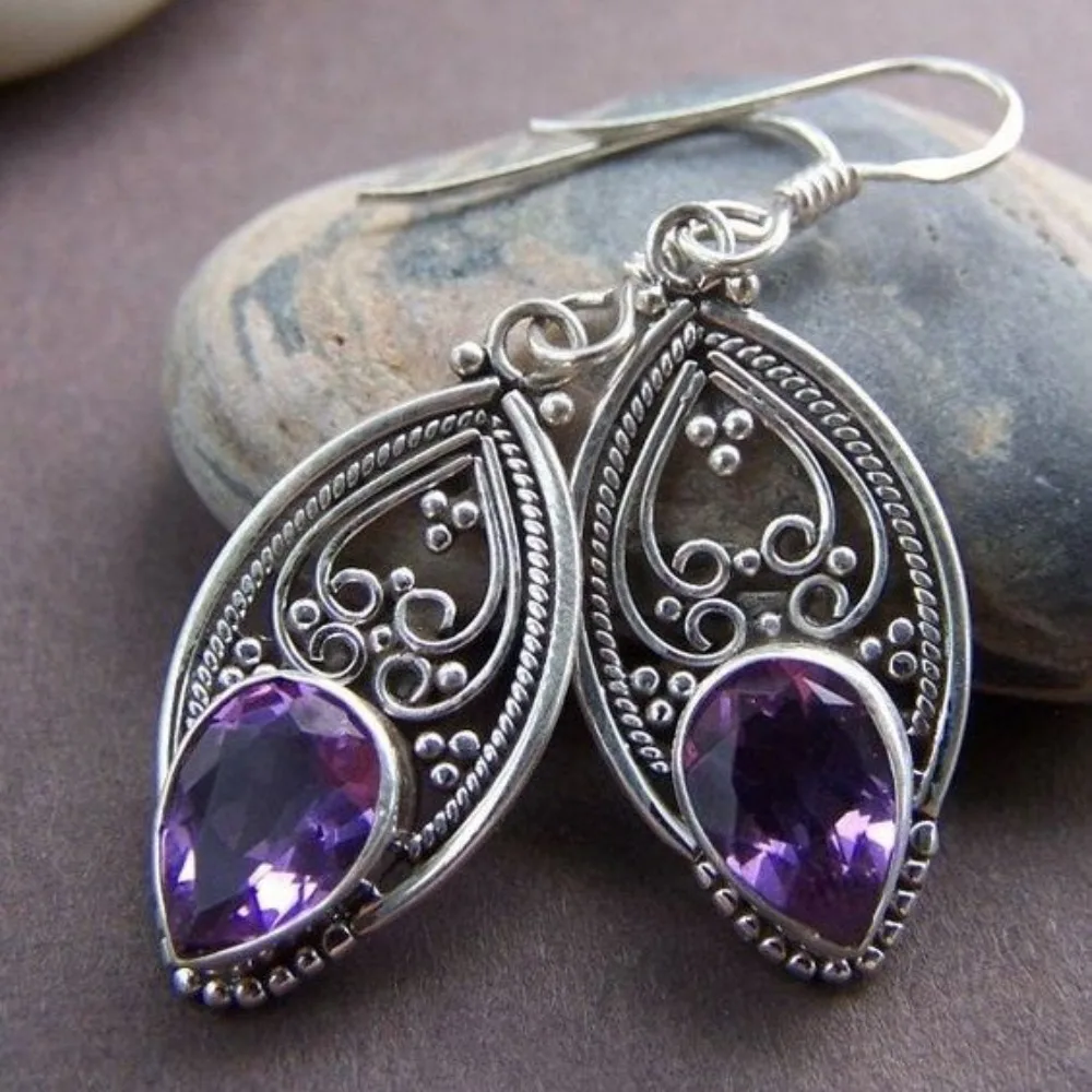 Retro Luxury Geometric Hollowed-out Water Drop-shaped Purple Crystal Dangle Earrings for Women Fashion Personality Jewelry Gifts