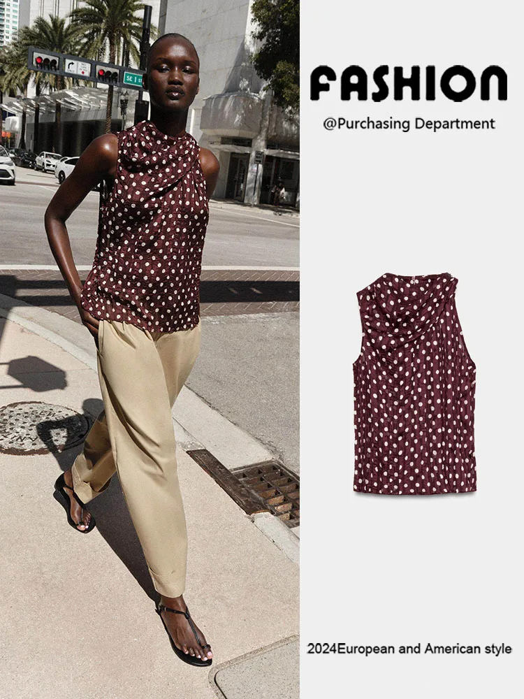 

Spring New Arrival Women's Versatile Svel round Ne Polka Dot Pleated Effect irt Faionable Ethnic Sle Blouse