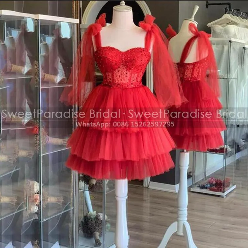 Sequins Short Cocktail Dresses With Bow Spaghetti Straps Tiered A Line Customized Sheer Waist Birthday Party Dress
