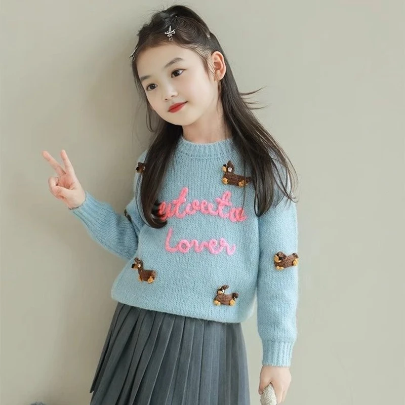 1-11Years Toddler Baby Knitted Sweaters for Girls Cute Embroidery Pullover Tops Infant Soft Cartoon Sweater Girl 4 5 6 7 8 9 10