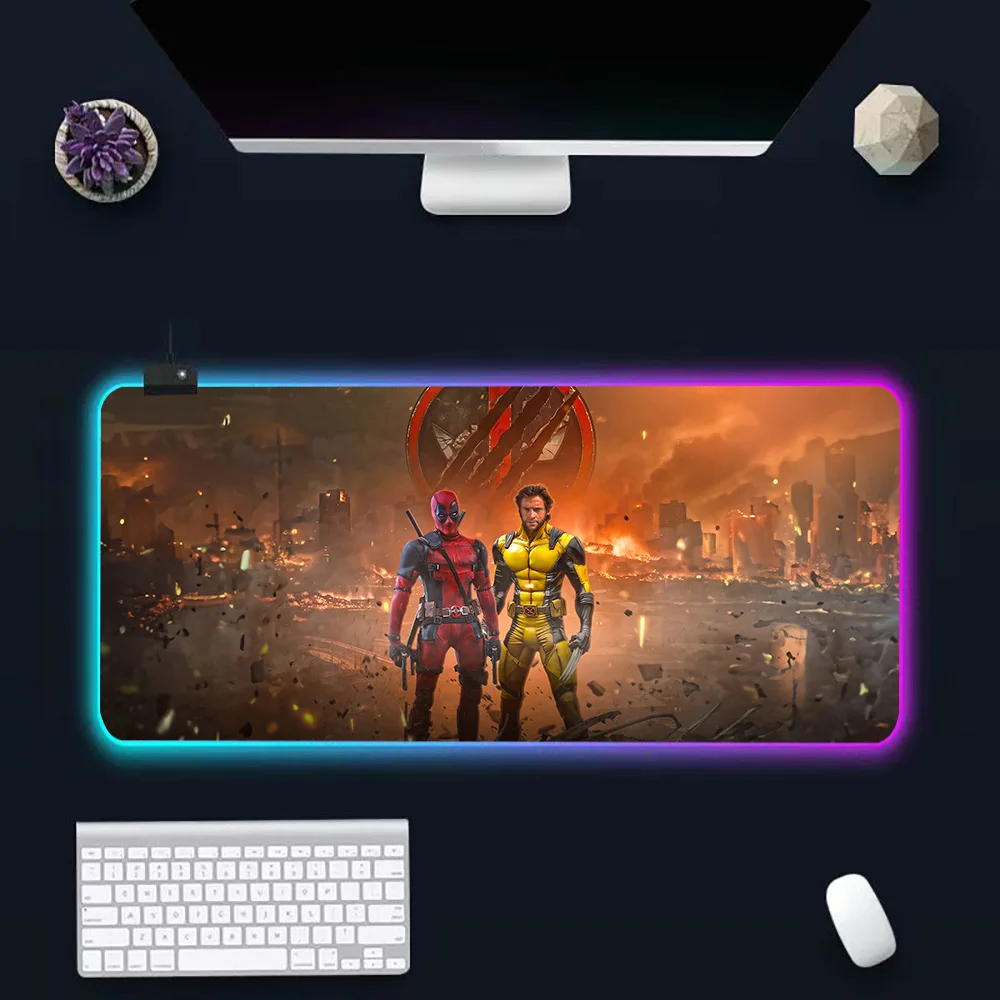 Marvels Deadpools & Wolverines RGB Pc Gamer Keyboard Mouse Pad Mousepad LED Glowing Mouse Mats Rubber Gaming Computer Mausepad