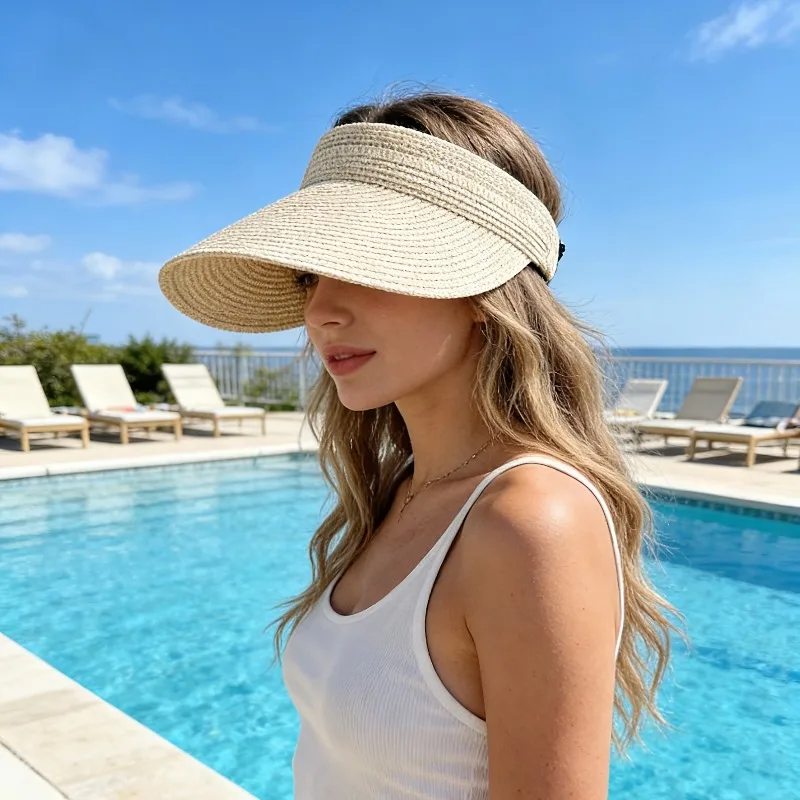 UV Protection Wide Brim Straw Visor Cap Foldable Portable Empty Top Sun Hat Adjustable Strap for Women Golf Beach Cycling