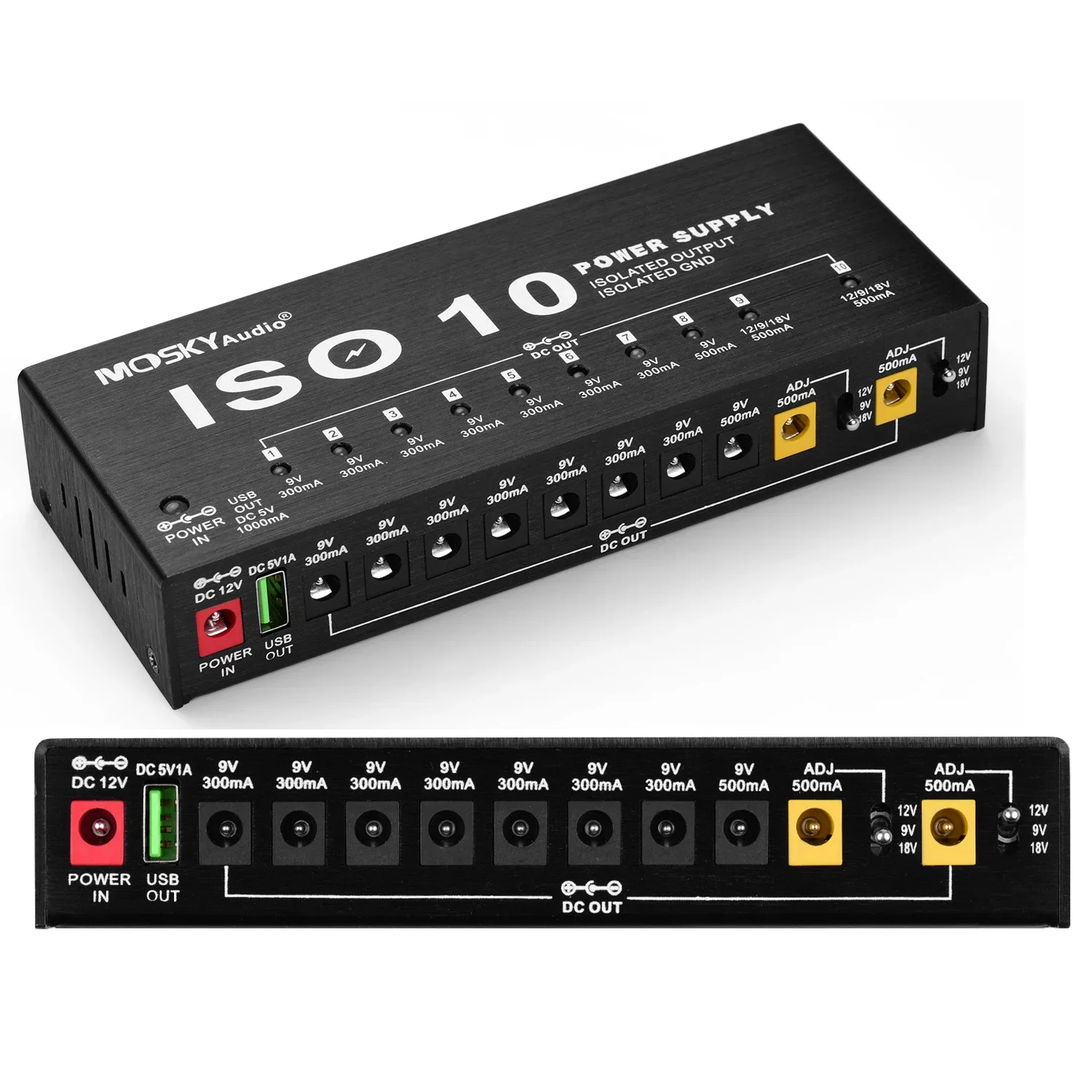 

Mosky ISO-10 Guitar Power Supply Effect Pedal 10 Isolated Station Power Supply DC Outputs/ 5V USB Port Output for 9V 12V 18V