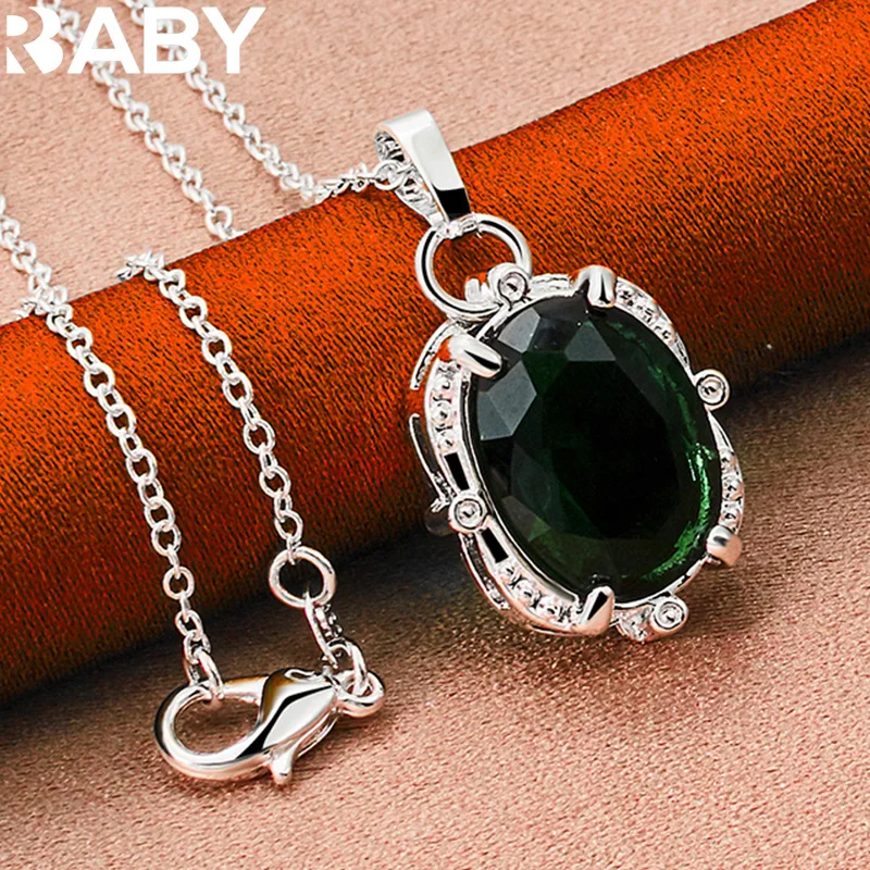 

URBABY 925 Sterling Silver AAAAA Green Zirconia Pendant Necklace 16-30 Inch Chain for Women Wedding Engagement Party Jewelry