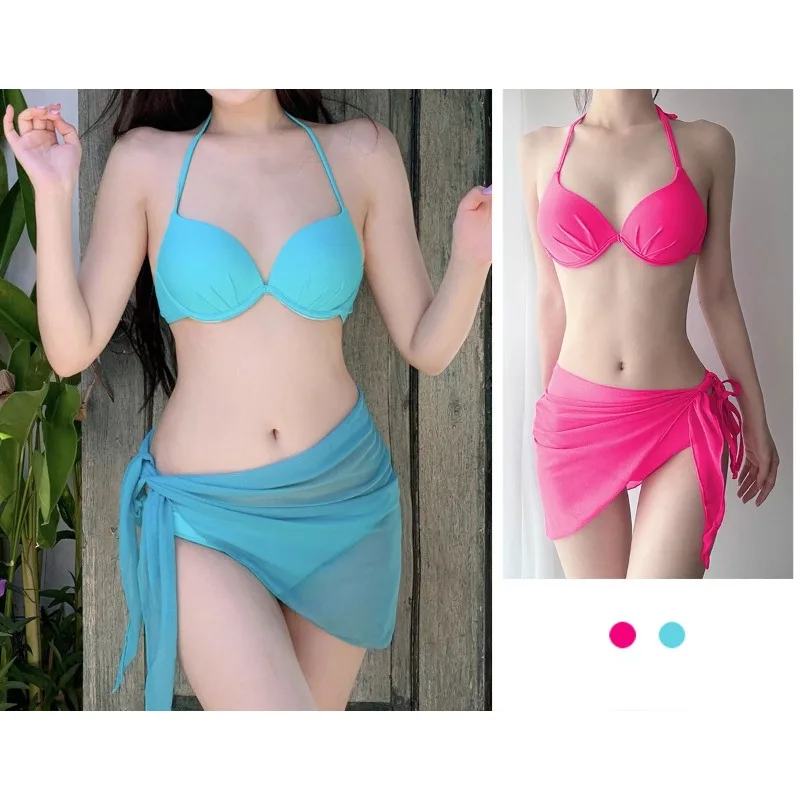 

Новый купальник-бикини 2025 года, комплект из двух предметов, чистый цвет со стальной поддержкой, отдельный купальник с большой и маленькой грудью