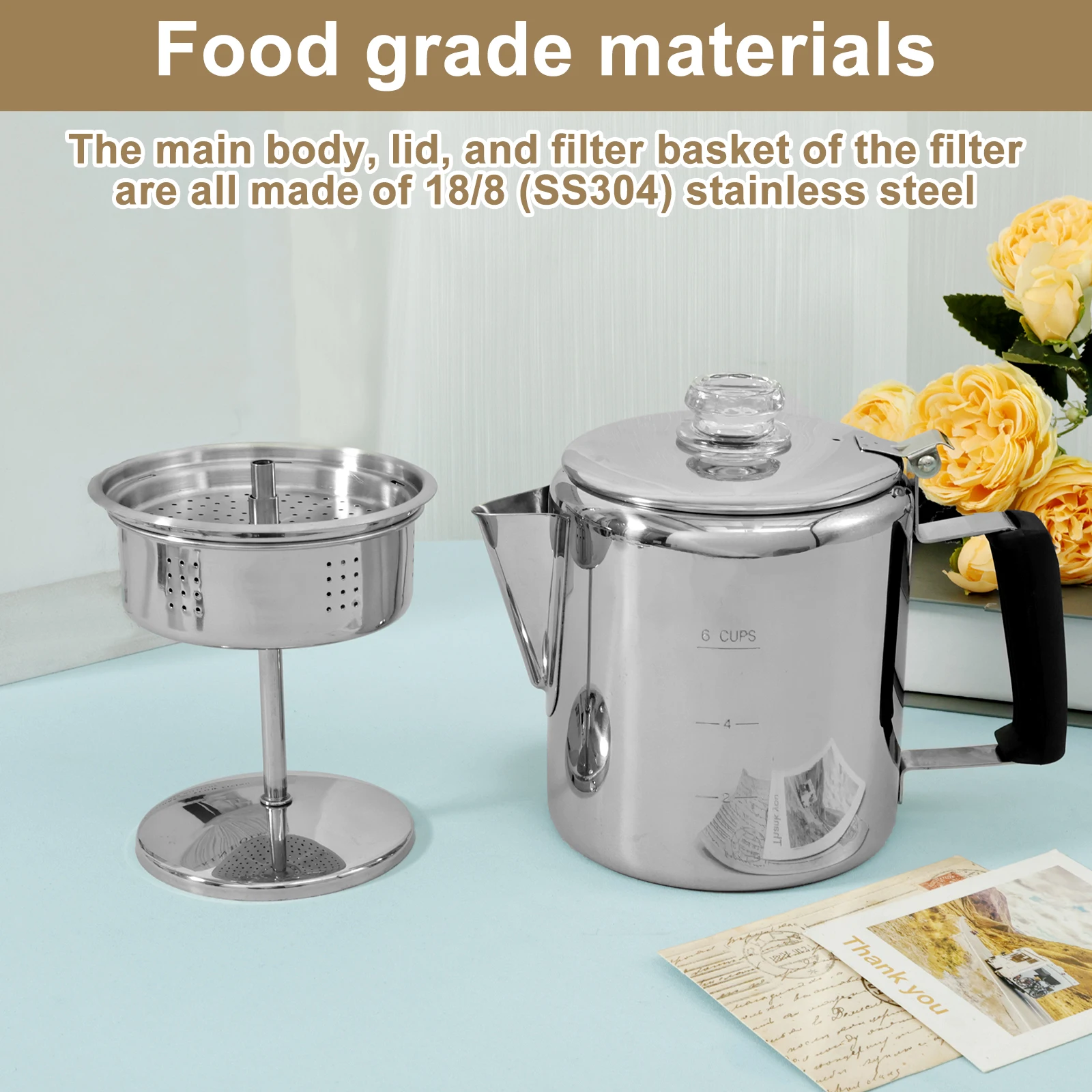Multi Use Percolator Coffee Pot Stainless Steel Stove Top Coffee Maker with Two Tough Borosilicate Glass Knob Silica Handle Camping Coffee Pot Using