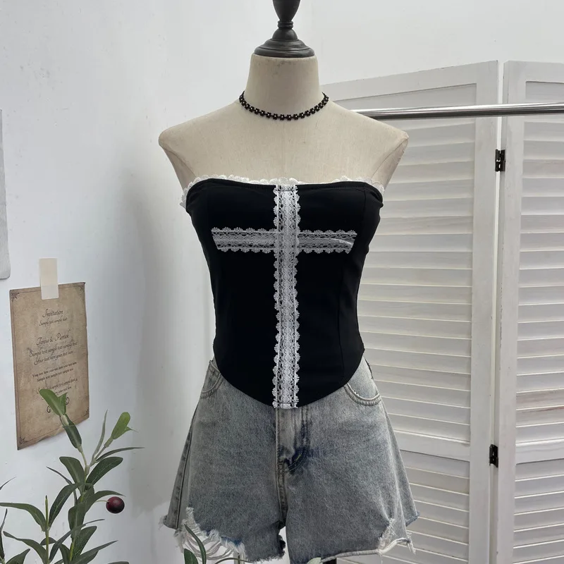 Chic Clothing For Women Lace Cross Bralette Tube T-shirt With Padded Cups Anti Slip Strips  Summer Y2K Cropped Belly Top  1283