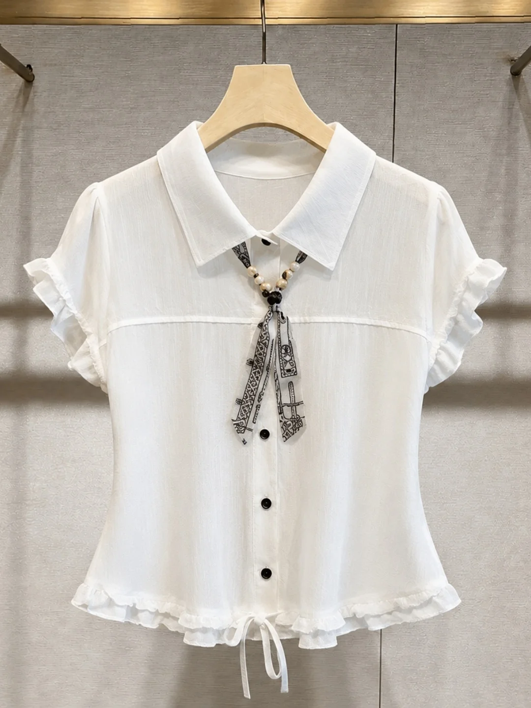 

Korean Style Pleated Collar Silk Scarf Chiffon Shirt Summer 2026 Women's Comfortable Fashionable Versatile Short Sleeve ...