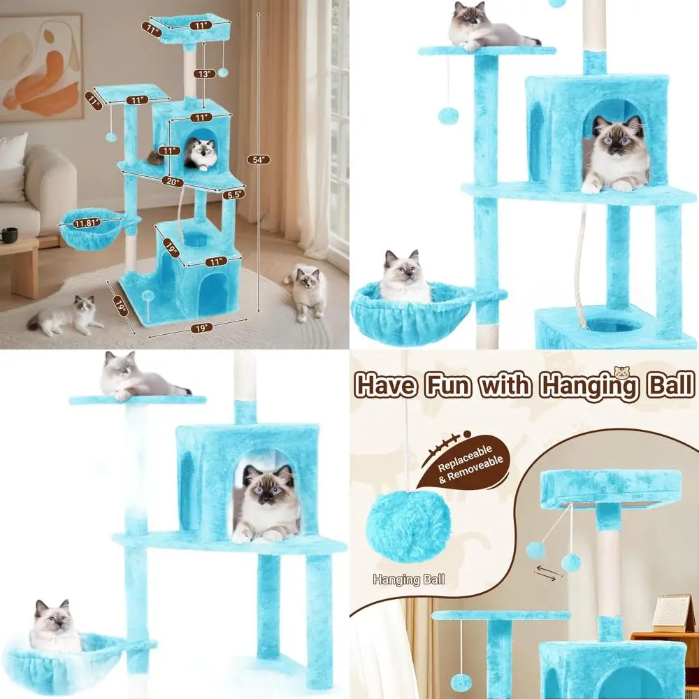 

54 Indoor Cat Tree, Multi-Level Plush Condo with Scratching Posts, Baskets, Perches, Caves, and Pompons (Blue)
