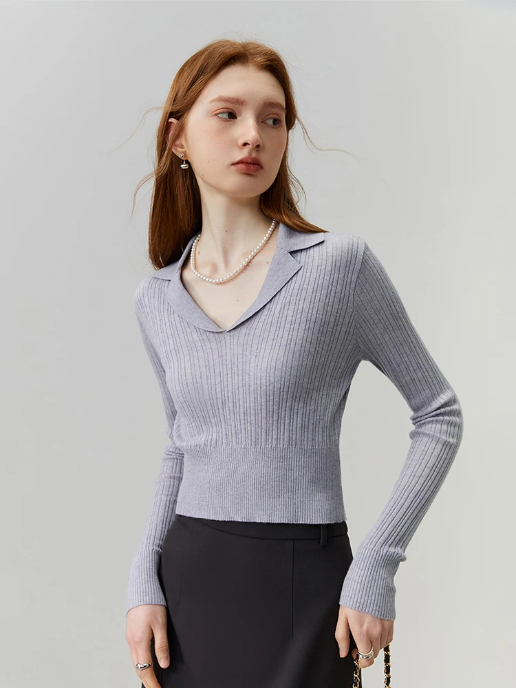 FSLE Long Sleeved V-neck Knit Women's Autumn 2023 New French Short Polo Top Blue Purple Gray Women Casual Loose Tops