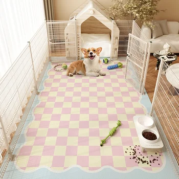 귀여운 애완 동물 바닥 매트, 방수, 소변 방지, 만화 핑크 격자 무늬 PVC 카펫, 고양이 개 사육장 지역 러그, 가죽 주방 발 매트