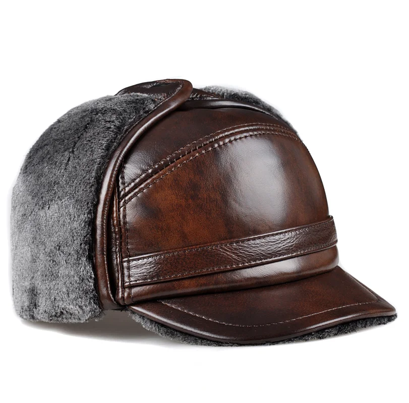 Male Winter Warm Ear Protection Bomber Hat Man Genuine Leather Faux Fur Inside Black/Brown Ultra Large Size 54-62cm Caps