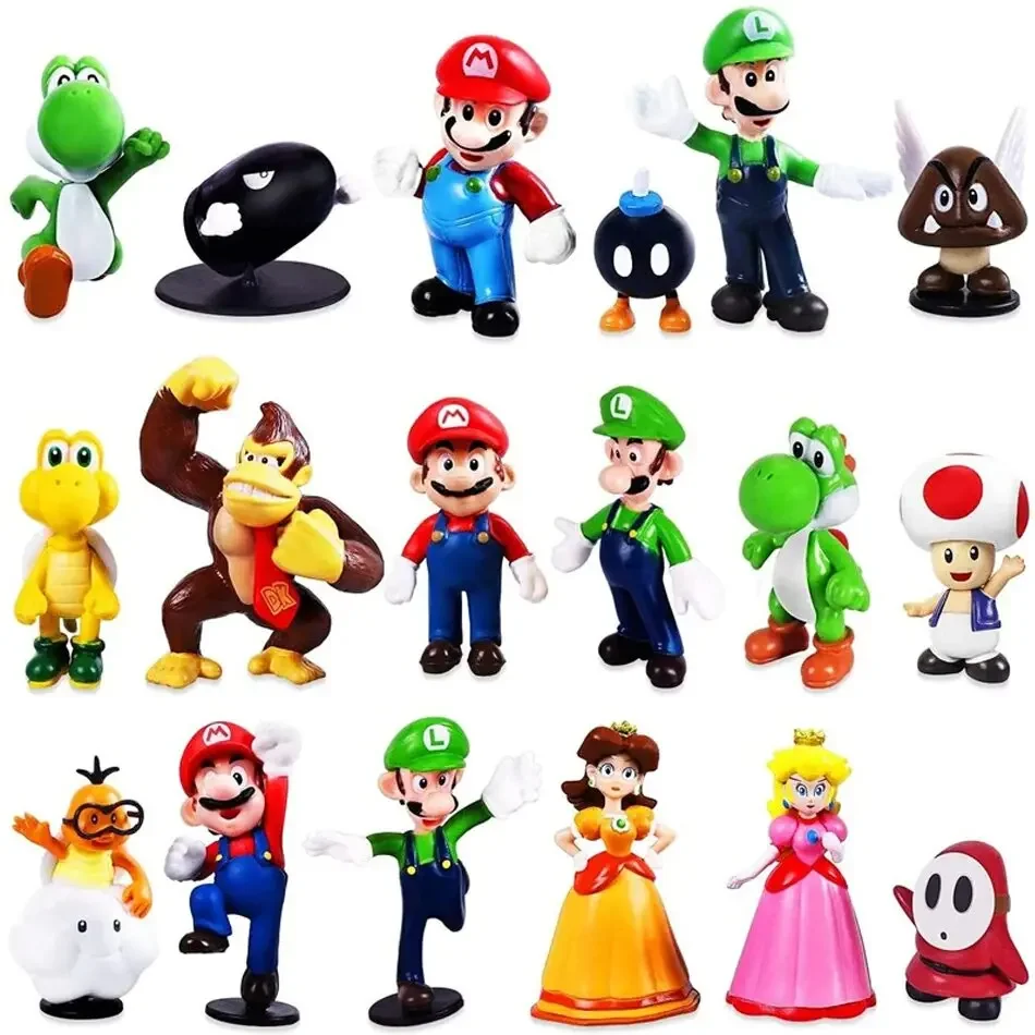 Juego de 1-18 figuras de acción de PVC de Super Mario Bros, muñecos de Luigi, Yoshi, Donkey Kong y Mushroom, ideales para regalo de cumpleaños.