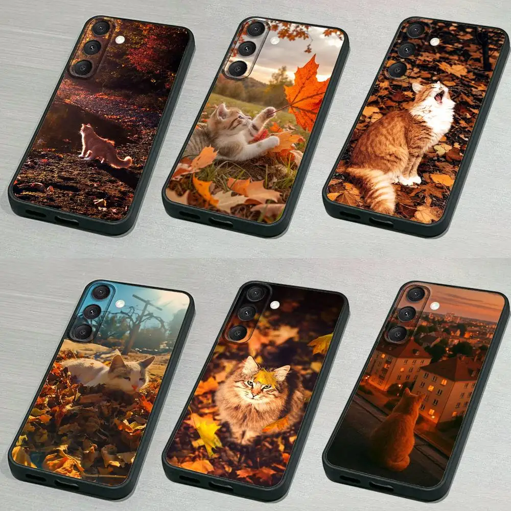 A-Autumn L-leaves cat 電話ケース Samsung S 25、24、23、22、30、21、10、9、ウルトラ、プラス、ライト、FE、4、5G ブラックソフトケース