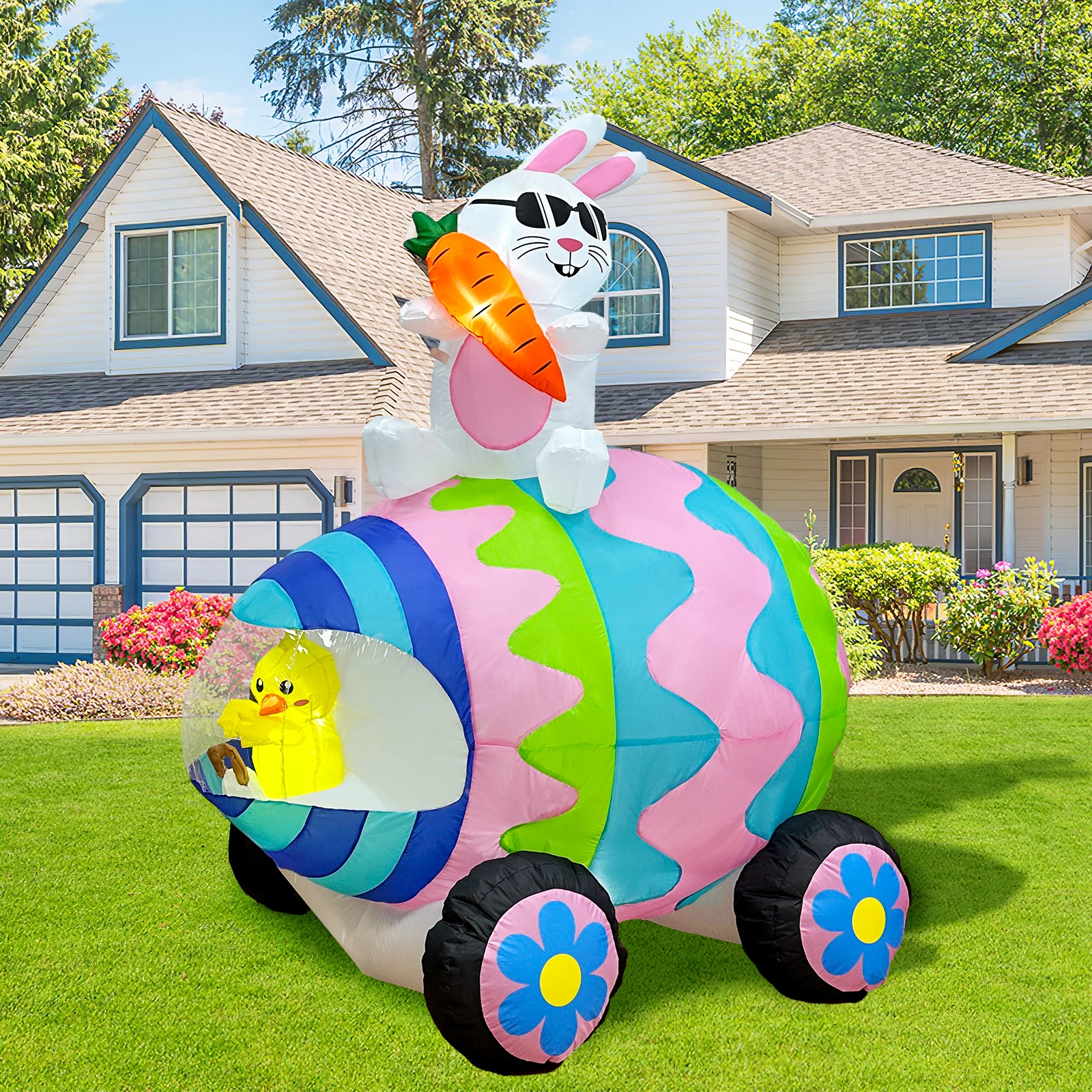 

OurWarm 6ft Easter Inflatables Outdoor Decorations Bunny Eggs Car Easter Yard Ornaments with LED Lights for Yard Lawn Decoration