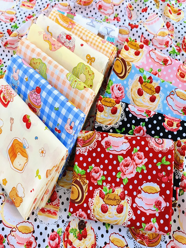 Dessert Cake Printed Plaid Fabric 100% Cotton for DIY Handmade for Sewing by Half Meter