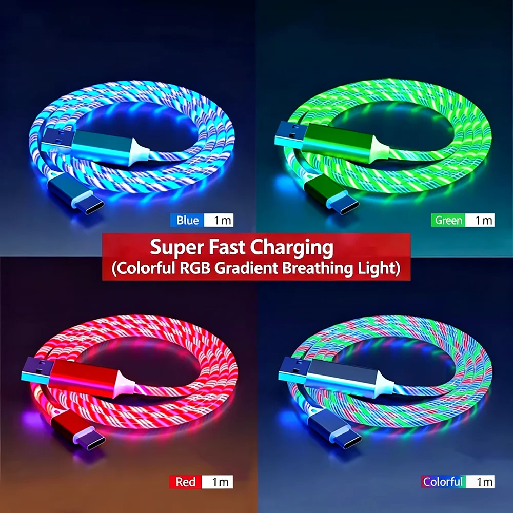 NNBULI Schnelles Ladekabel mit Leuchteffekt USB Typ-C Kabel 3A Schnellladekabel Leuchtendes LED-Kabel für Samsung Xiaomi Huawei