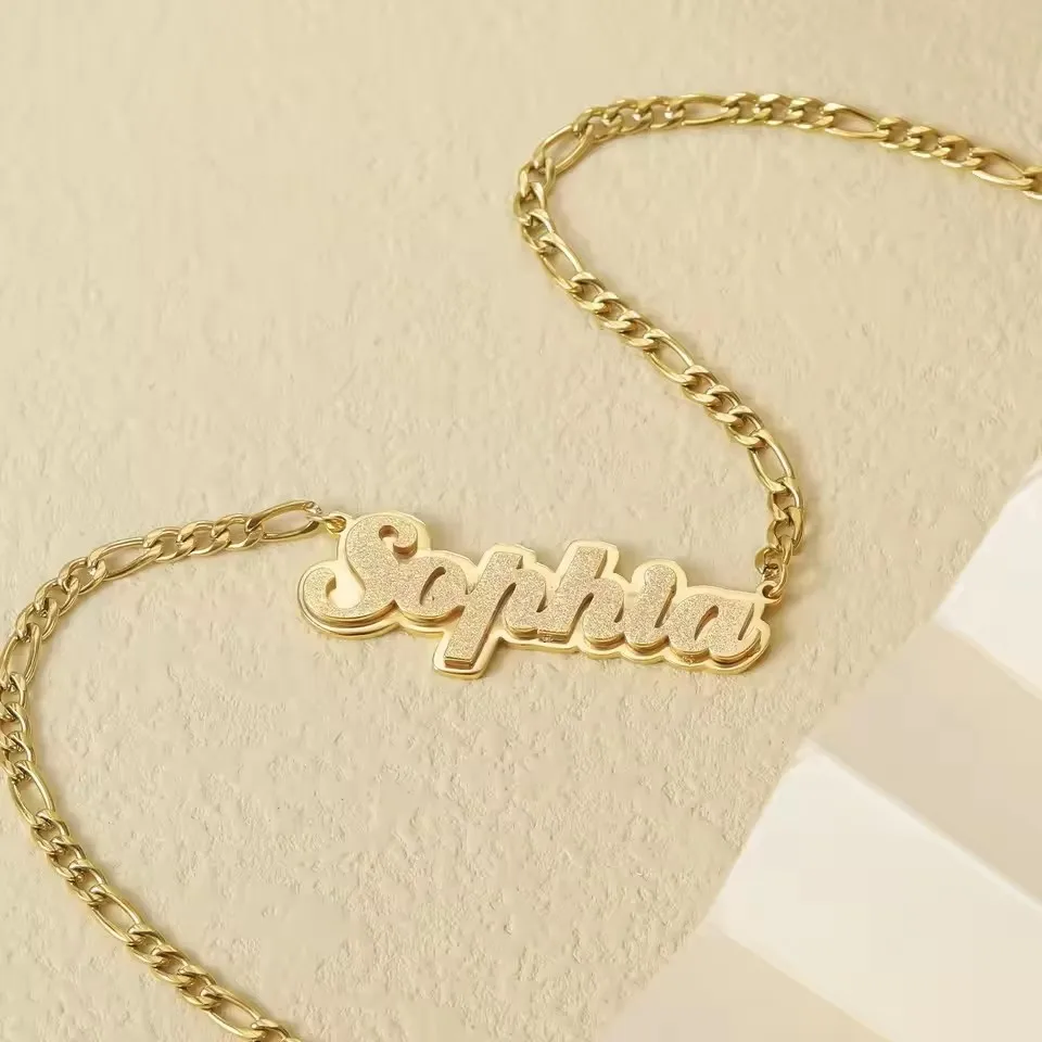 Personalized Double Layer Name Necklace For Women Custom Gold Plated Stainless Steel Nameplate Frosted Pendant Chain For Women