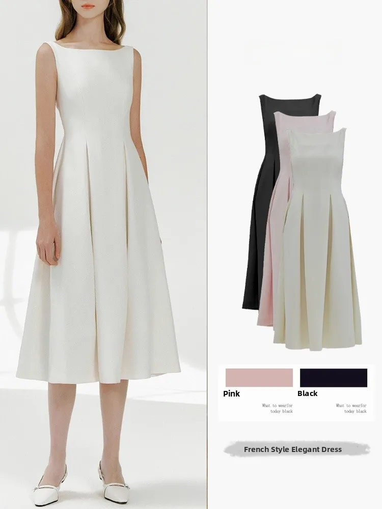 

Elegant High-Waisted A-Line Dress Ladies Summer New Style Slimming Vest Sleeveless Zipper Closure Polyester Fiber Skirt
