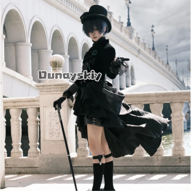 

LWW29*Black Anime Buutleer Cosplay Ceel Costume Goth Lolita Retro Cool Black Hat Vintage Victorian Punk Dress Y2K Lace Halloween