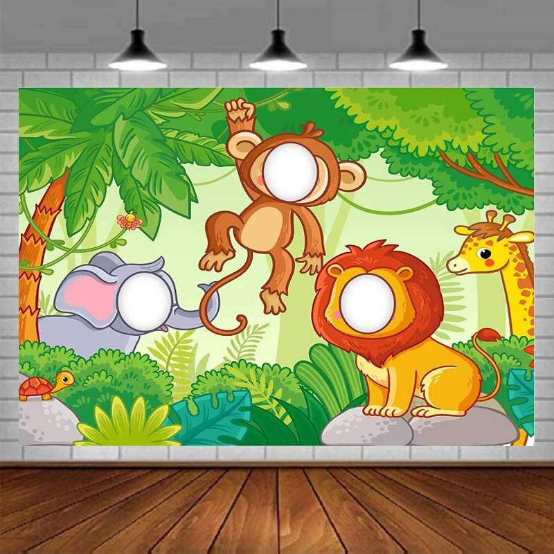 Jungle Animals Banner Backdrop Monkey Lion Elephant Giraffe Pretend Play Party Game Photo Booth Props Decor Background