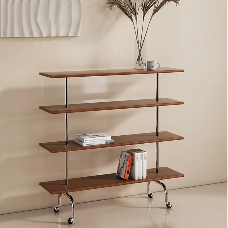 Customized designer style vintage storage rack, solid wood stainless steel bookshelf with wheels, small cart, side table display