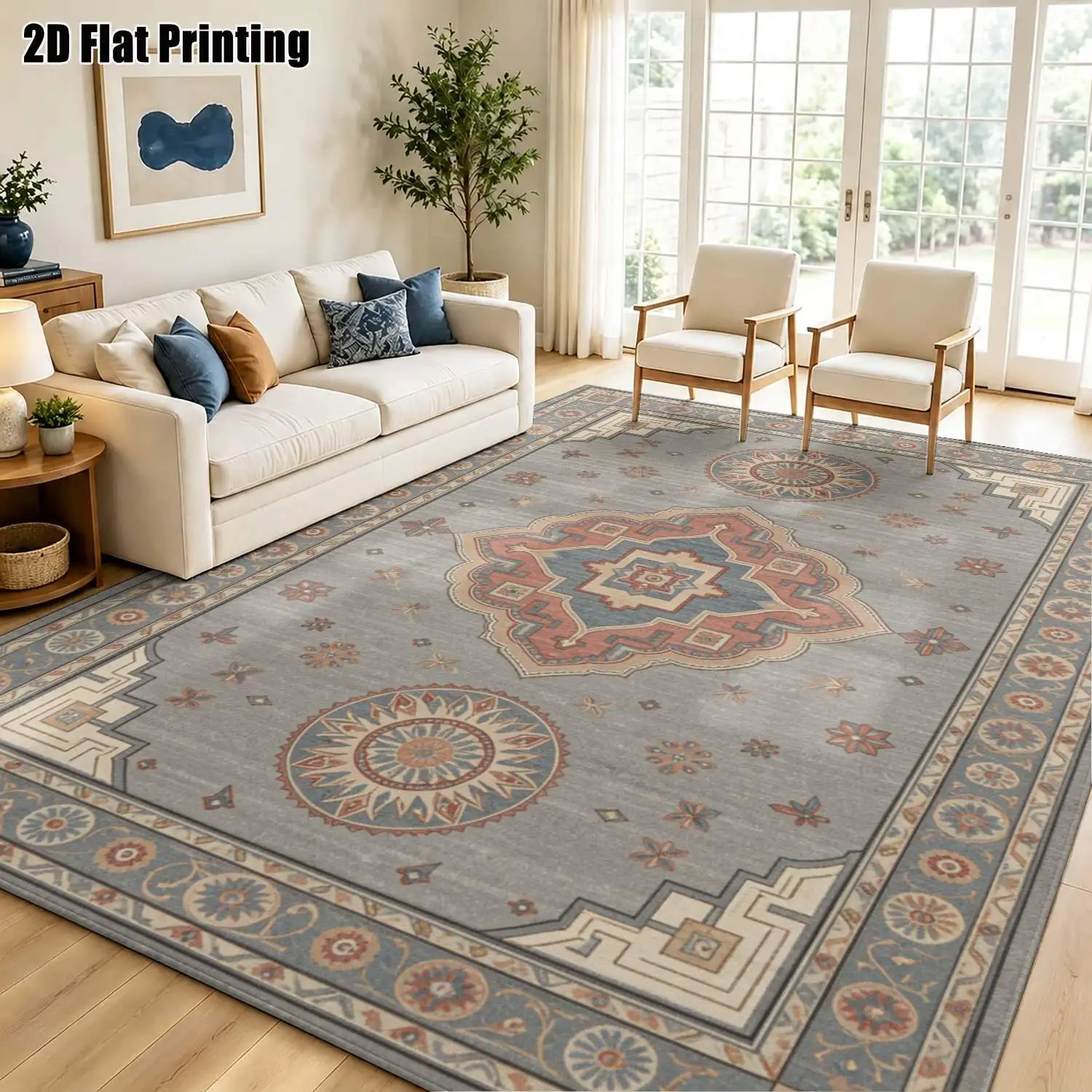 1Pc 2D Printed Blue-Grey Geometric Totem Carpet European/Retro/Bohemian/Modern Minimalist Style, Ideal for Home Decor, Available in Multiple Sizes, Machine Washable, Suitable for Living Room, Bedroom, Dining Room, Entryway, Study.