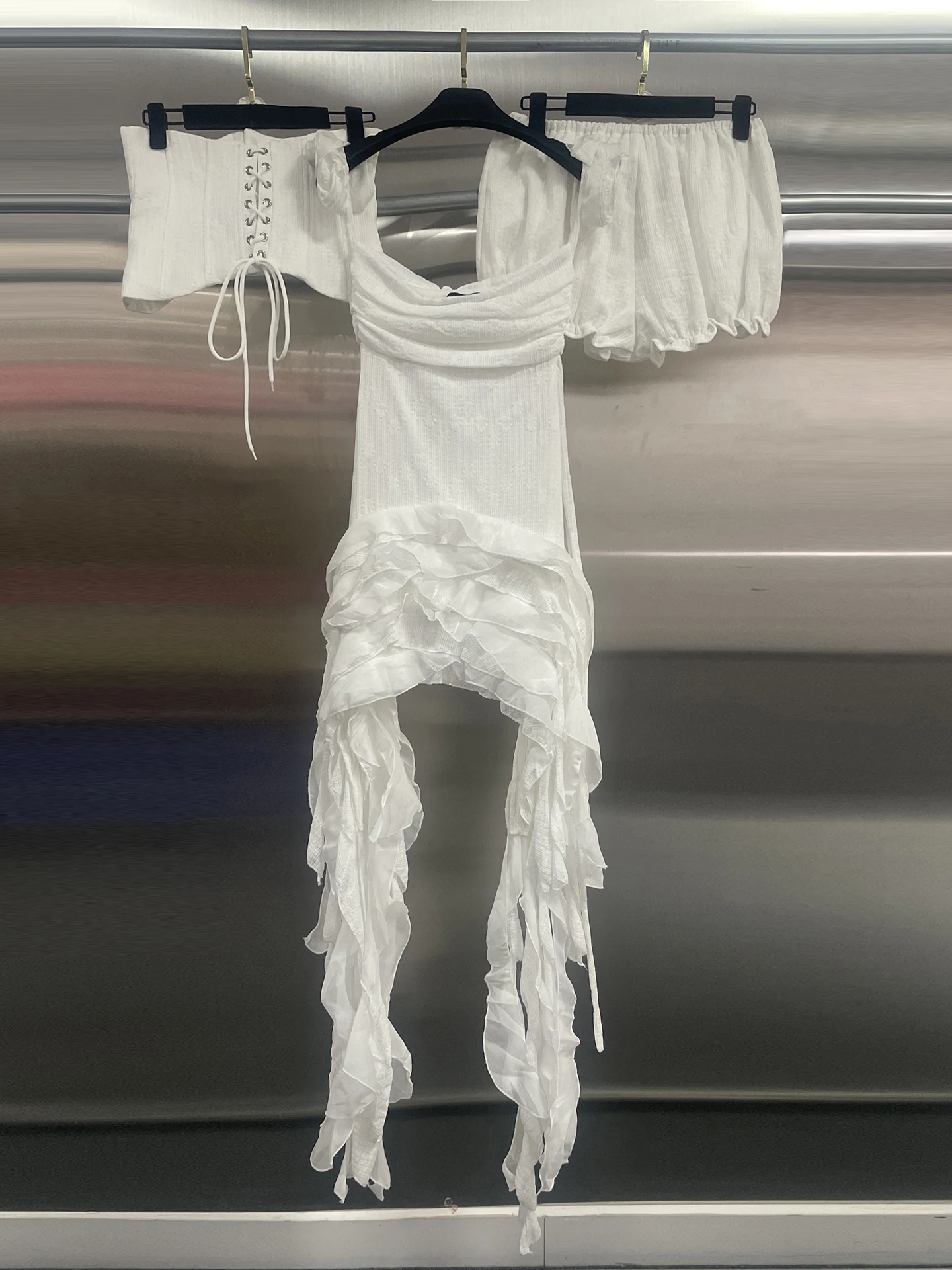 

Women Sexy Crop Top Long Irregular Skirt Sets Designer Celebrity Clothes Night Club Evening Party Birthday Three Pieces Outfit