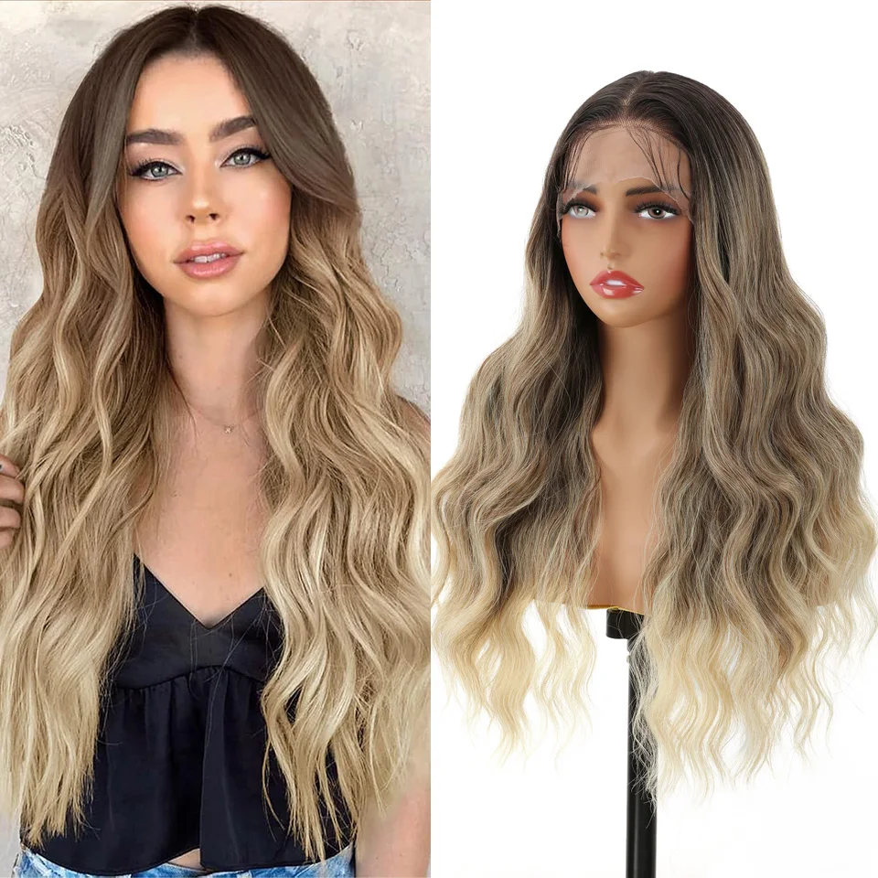 

Парики Gladys Body Wave 13x4 с прозрачной кружевной вставкой, 26 дюймов, синтетические, омбре блонд, для повседневного использования, для женщин.