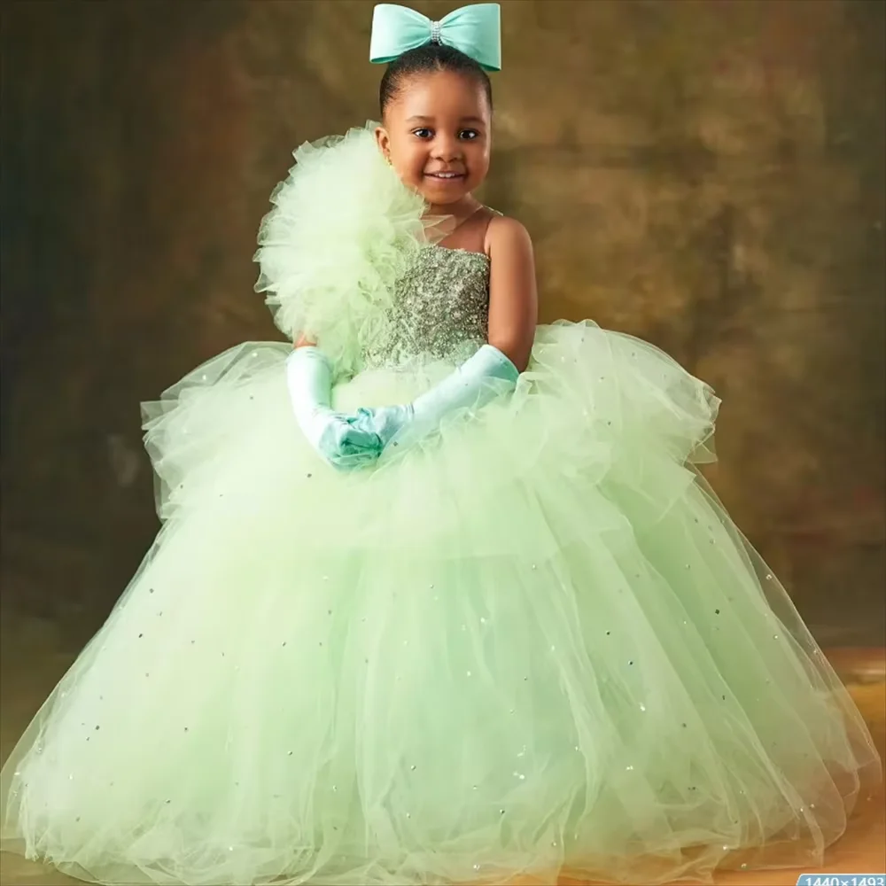 Green Pleats One Shoulder Flower Girl Dresses Lace Appliques Sequined Tulle A-Line Floor Length Sleeveless Birthday Party Gowns