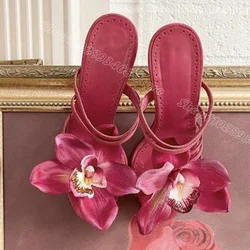 Flower Decor Stiletto Slippers Open Toe High Heels Summer British Style for Women Wedding Party Shoes 2024 Zapatos Para Mujere