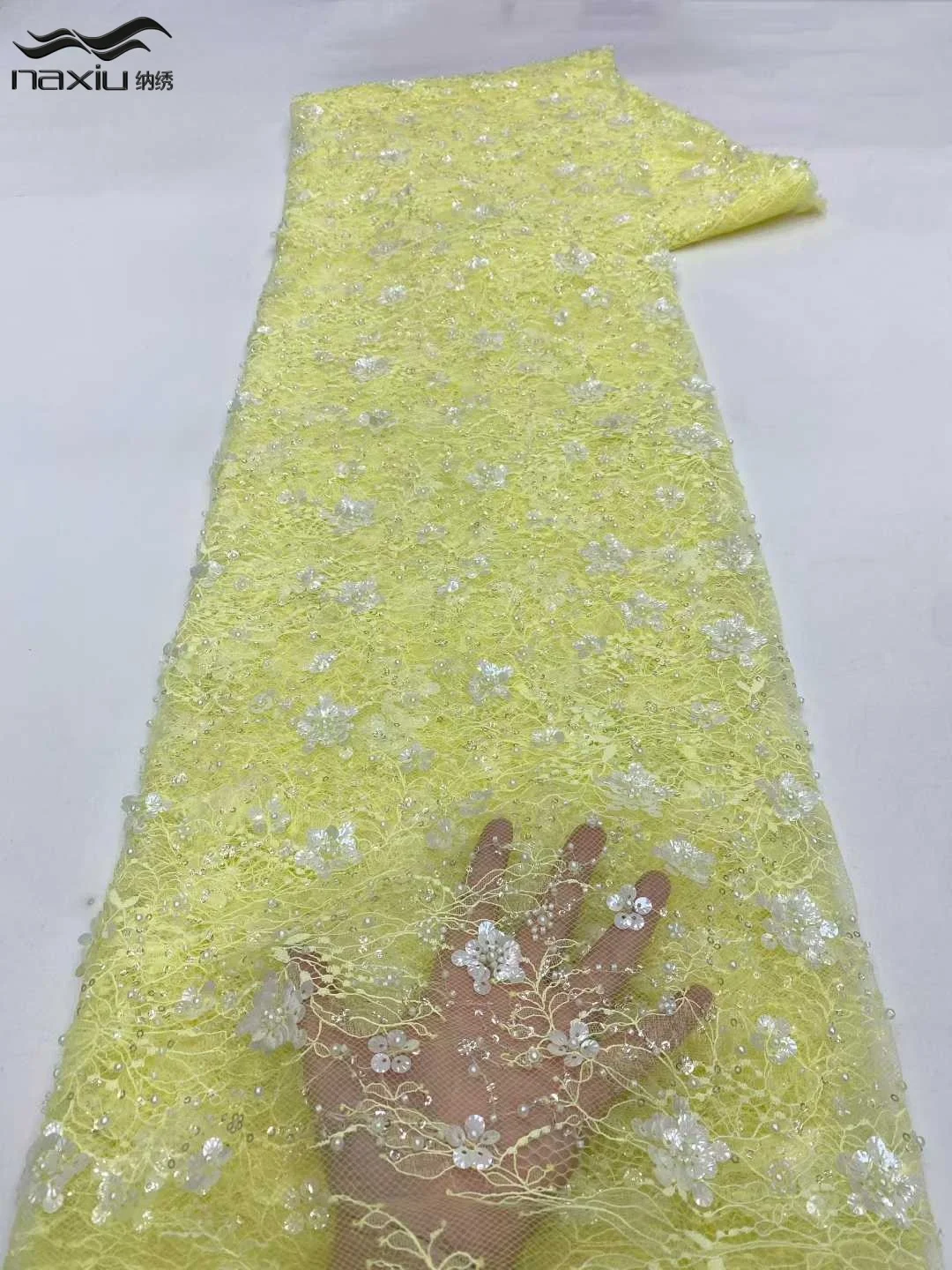 

Madison Luxury African Handmade Heavy Beaded Sequins Lace Fabric 5 Yards 3D Luxurious French Tulle Lace Fabric for Party Dress