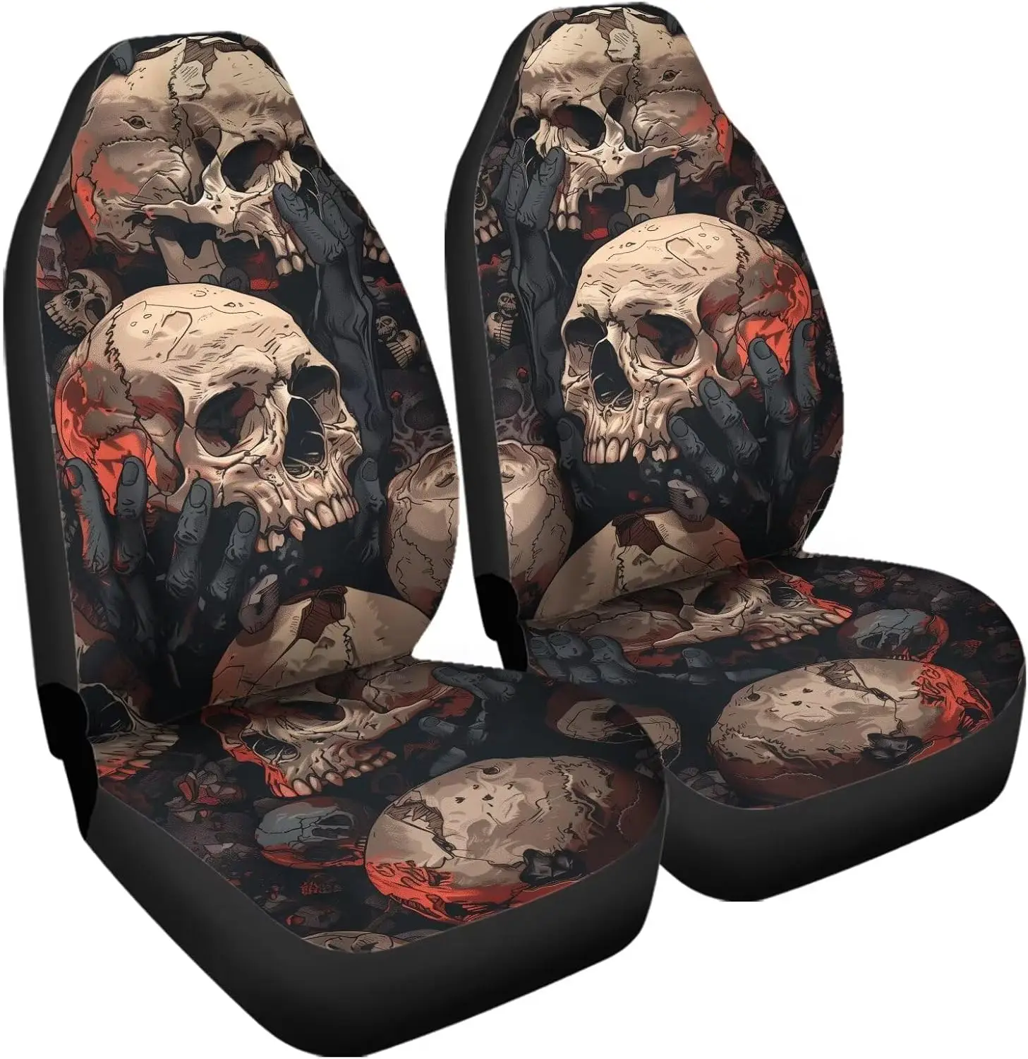 2 Pieces Durable Car Seat Covers Front Seats Only Creepy Skull Print Auto Bucket Seat Cover Protector Universal Seat Cushion