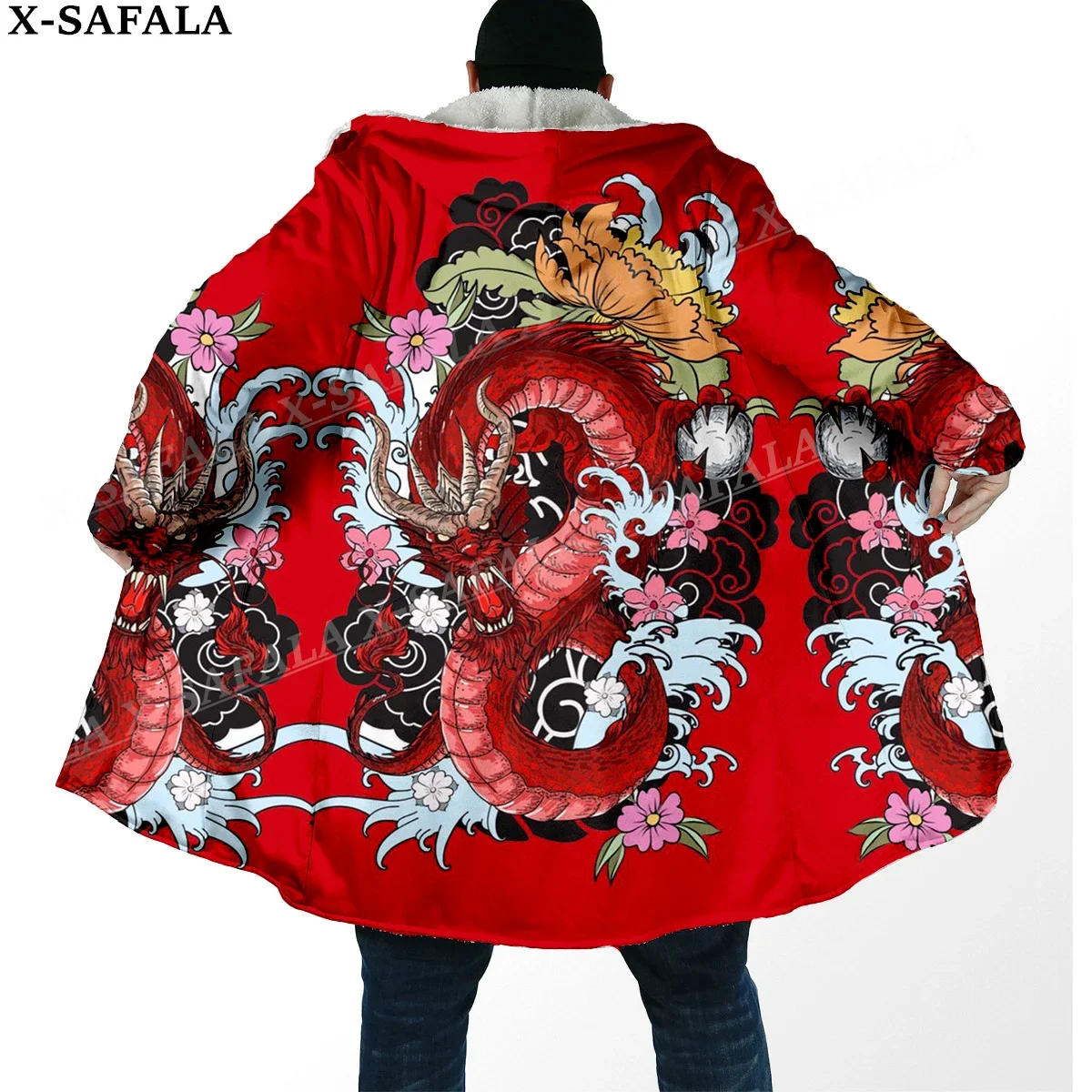 Mythology Dragon Yin And Yang Thick Warm Hooded Cloak Men Overcoat Coat Windproof Fleece Cape Robe Hooded Blanket-3